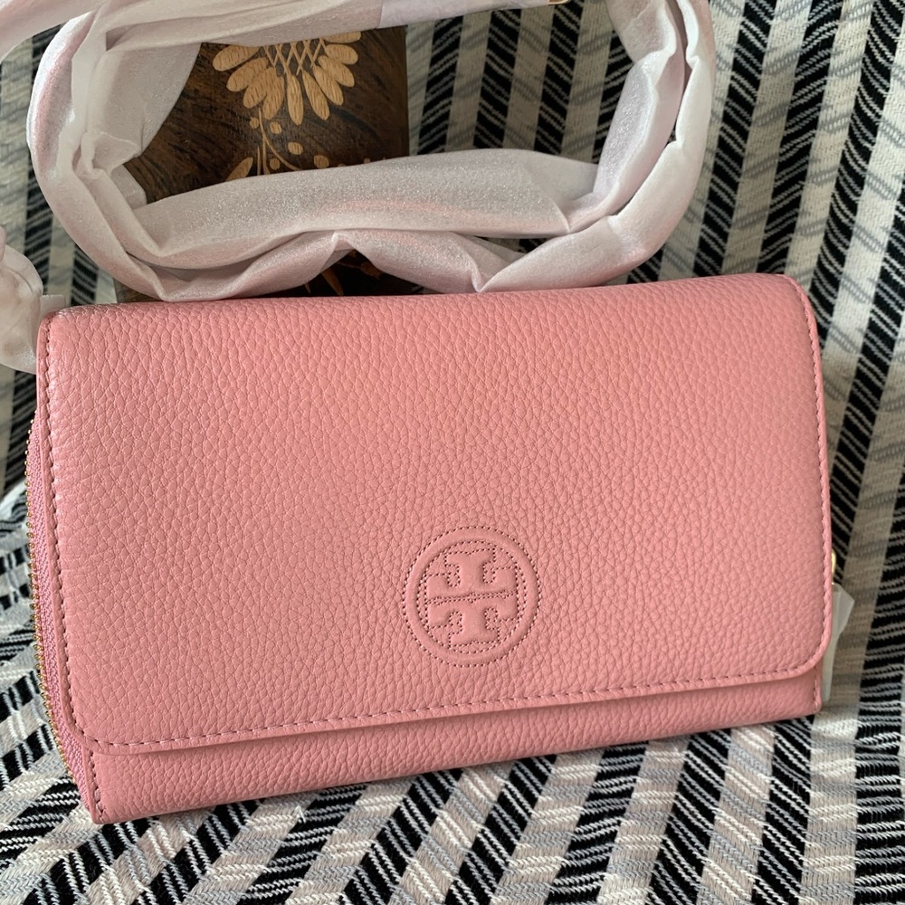 Tory Burch bombe flat wallet crossbody cameo pink - Picture 2 of 8